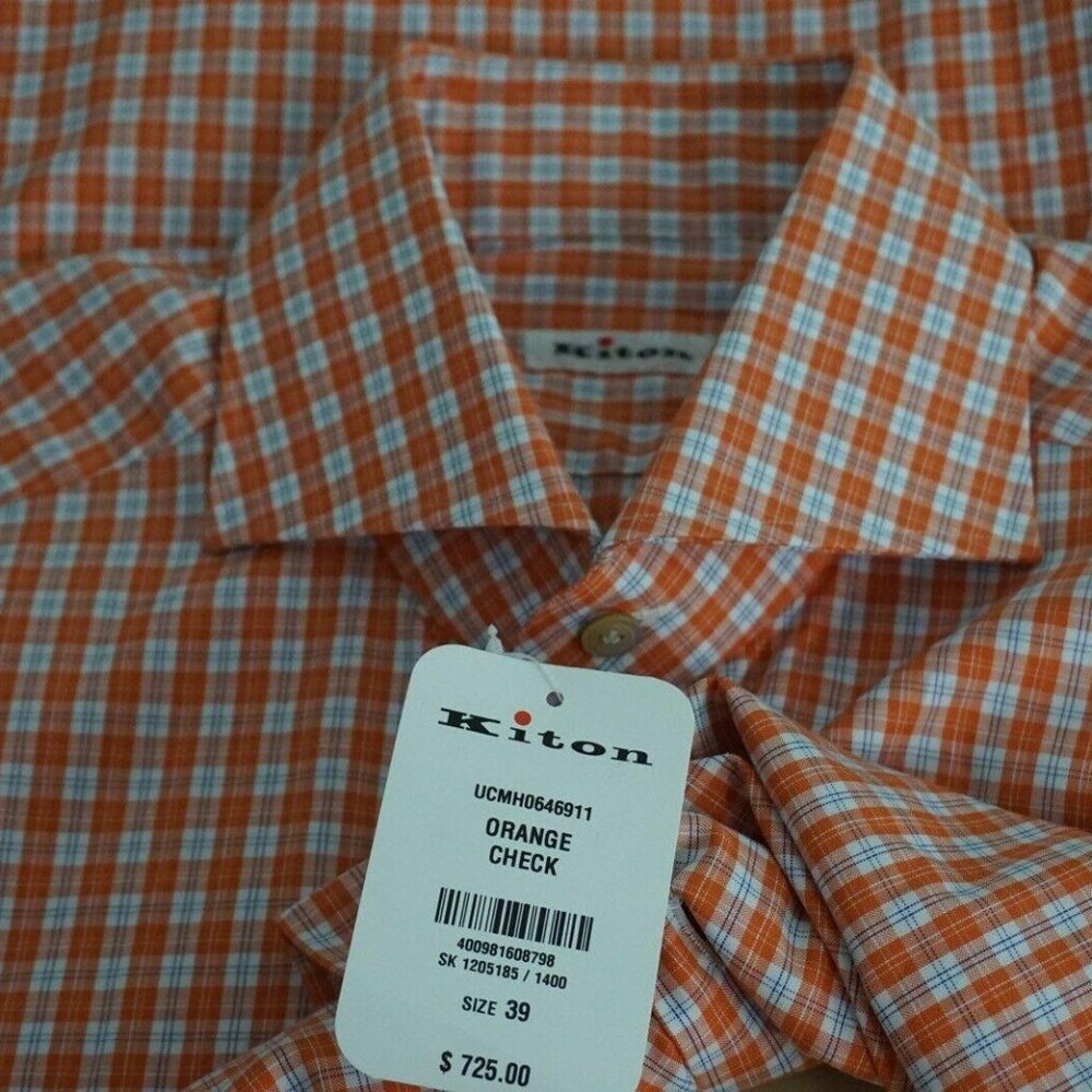 Kiton Orange Check Spread Cotton Dress shirt NEW